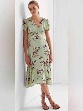 Ralph Lauren Sage Green Floral Maxi Dress with Puff Sleeves